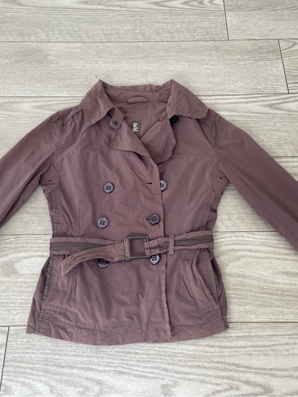 Add Women's Mauve Double-Breasted Trench Coat jacket with Belt. Size: 2.